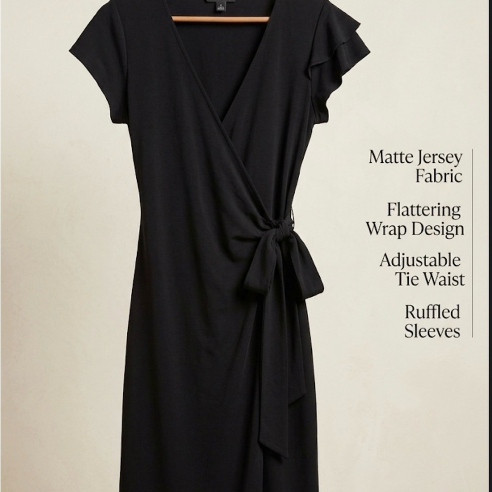 Banana Republic Matte Jersey Wrap Dress Ruffled Sleeves Tie Waist Black S